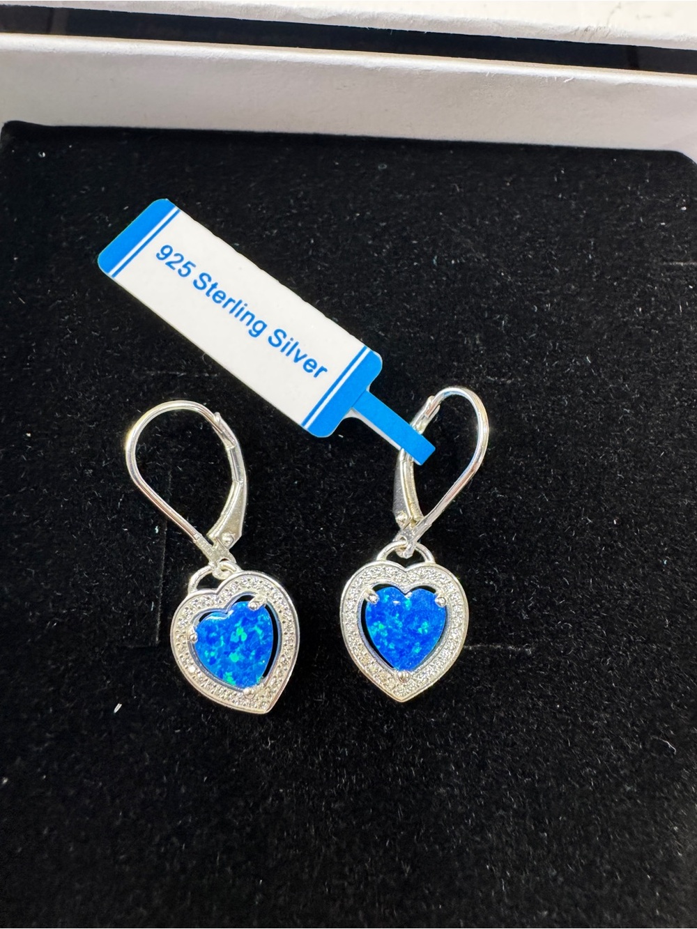 Blue Opal 925 Sterling Silver Heart Drop Earrings with Blue Opal Inlay - Picture 4 of 12